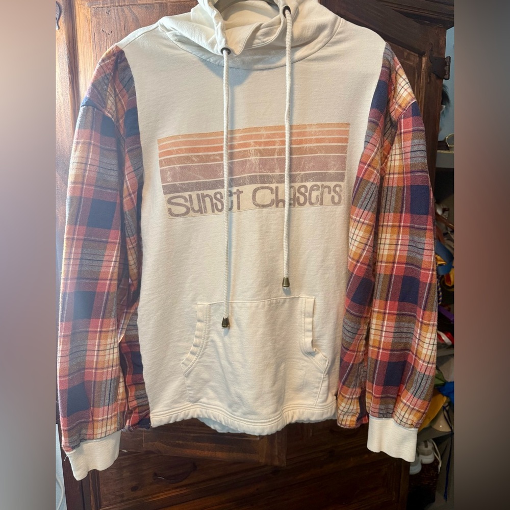 Sunset Chasers Mock Hoodie Plaid Sleeve Pullover Shacket